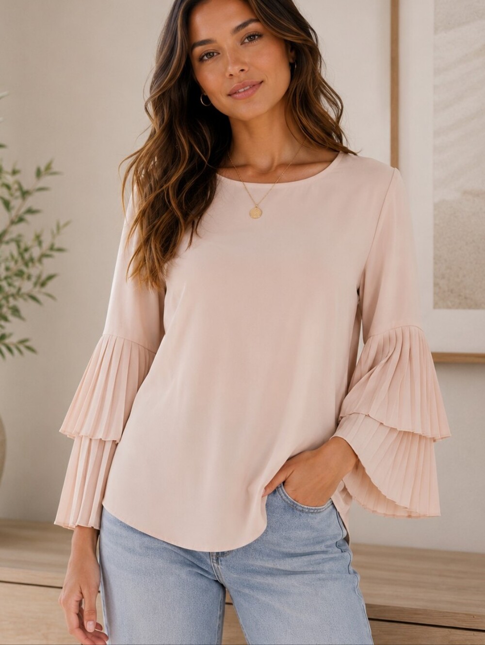 💙 Pleated Tier Sleeve Blouse in Light Blush